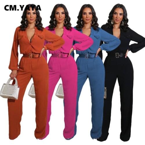 CM.YAYA Autumn Women Button Up Long Sleeve Jumpsuit High Streetwear Night Party Straight Rompers One Piece Overalls