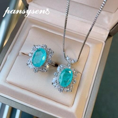 PANSYSEN Vintage 100% 925 Sterling Silver Paraiba Tourmaline Gemstone Ring Pendant Necklace Wedding Party Jewelry Sets Wholesale