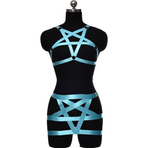 Pentagram Body Harness Set Women Sexy Lingerie Elastic Belt Goth Rave Wear Bondage Body Cage Adjustable Crop Top Harness Bra