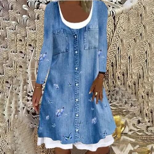 Elegant Digital Print Fake Two-piece Denim Long-sleeved Dress Women Autumn Winter Casual Loose Vintage Fashion Plus Size Dresses