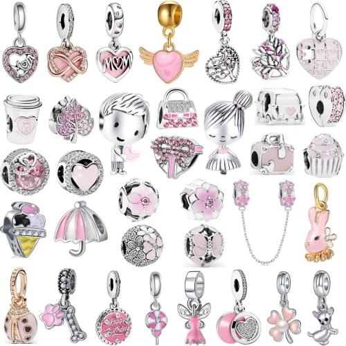 New Pink Ice Cream Heart-shaped MOM Flower Pendant Suitable for Original Pandora Charm Bracelet Necklace DIY Ladies Jewelry Gift