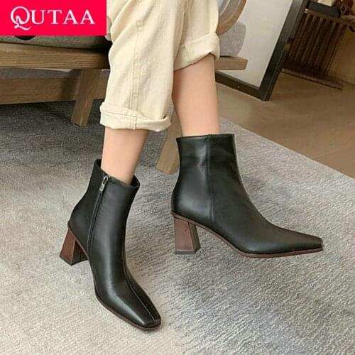 QUTAA 2022 Autumn Winter Ankle Boots Square Toe Cow Leather Quality Women Shoes Square Heel Zipper Fashion Boots Size 34-40