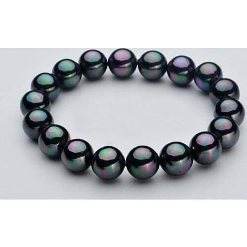 12mm Natural Black South Sea Shell Pearl Round Beads Stretch Bracelet 7.5" AAA