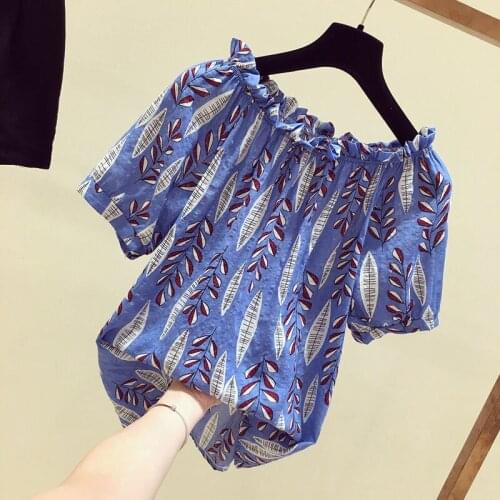 Short Sleeve Print Tops Loose Casual Blouse Korea Fashion Summer Women Shirt Plus Size Slash Neck Sexy Off Shoulder