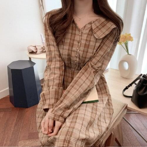 S XL New New Spring Dress Girls Boho cotton Female Vintage Dress plaid Print Long Sleeve Women Dresses Long Robe Vestido Pure