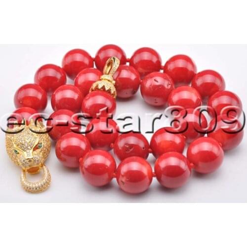 S2199 AAA+ Natural 18" 16mm Red Round Coral bead Necklace CZ Cougar