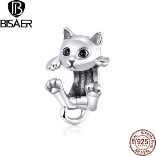 Pussy Charms plata de ley 925 BISAER 925 Sterling Silver Cute Long Tail Cat Beads for Jewelry Making Silver 925 Jewelry EFC208