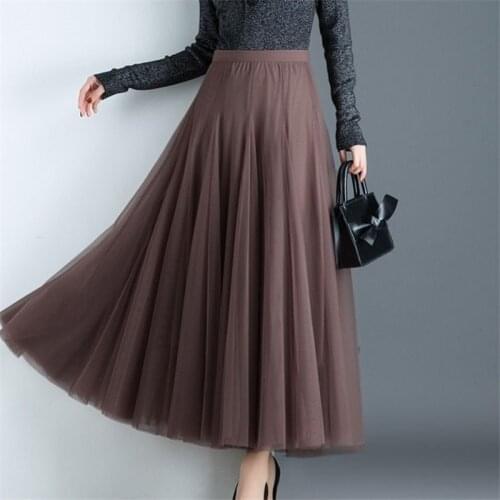 Womens Black Gray White Adult Tulle Skirt Female Elastic High Waist Long Pleated Skirt Elegant Ladies Summer Clothes Tutu Skirt