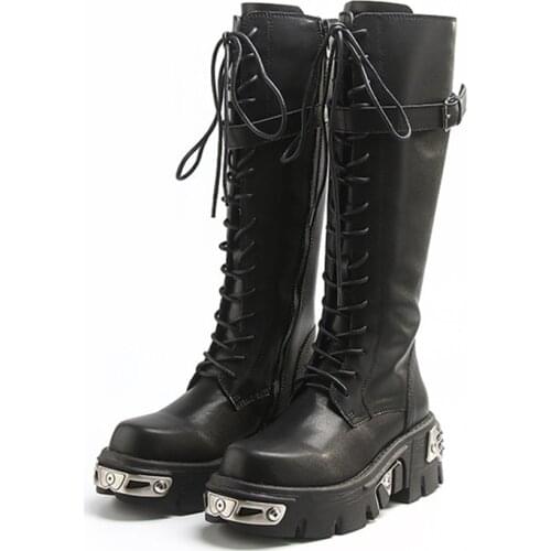 2020 New Soft Leather Women Knee High Boots Thick Heel Platform Boots Ladies Knight Boot Lace Up Long Botas Mujer