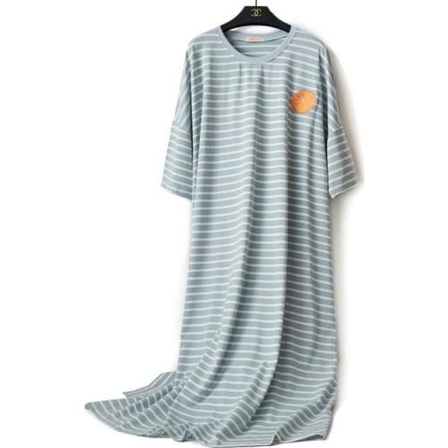 Cotton Striped Nightgown M-6XL Women Short Sleeve Homewear Nightdress Casual Lounge Home Gown Summer New Long Sleepwear Big Size