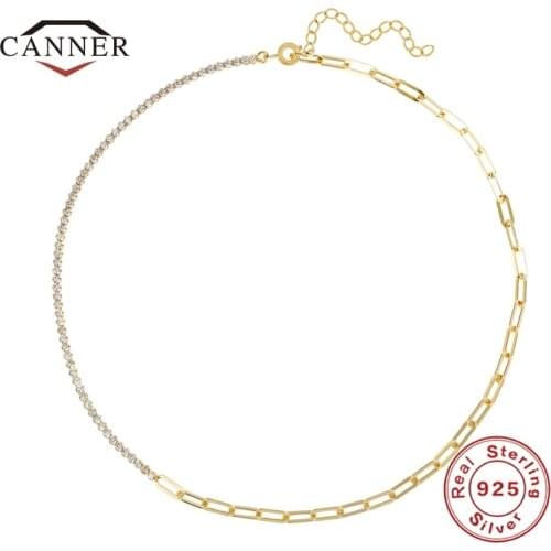 CANNER 925 Sterling Silver Ins Fashion New Zircon Stitching Paper Clip Chain Necklace For Women Gold Color Fine Jewelry Collares
