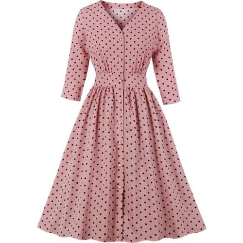 Polka Dot Women Vintage Dress V-Neck 3/4 Sleeve Button Fly Femme Party Robe Swing Pin Up Feminino Spring Retro Vestidos