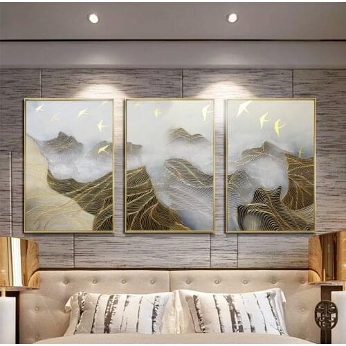 Gold Line Abstract Canvas Painting Mountain Wall Art Picture For Living Room Home decoration Three Pieces
