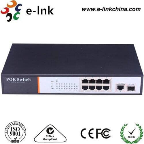 10/100Mbps 8 port unmanaged PoE Switch with gigabit one uplink port and one SFP port