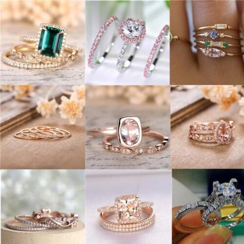 3pcs Fashion Rose Gold Natural White Opal Ring Eternity Birthstone Jewelry Women Wedding Band Bride Engagement Ring Set