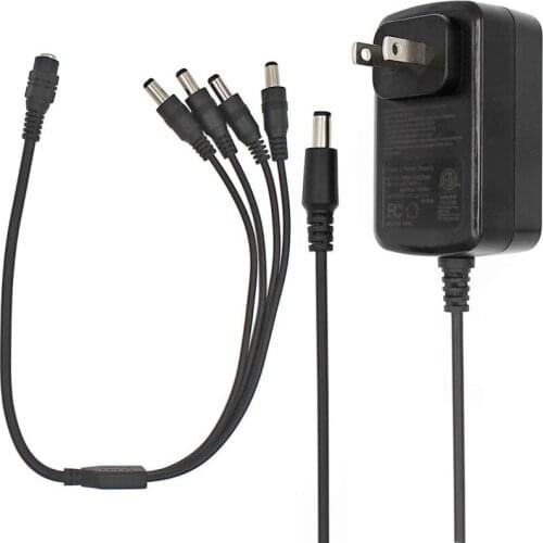 12V 2.5A Power Supply Adapter with 4-Way Splitter Cord for DC 12V CCTV Camera LED Strip Lights Speakers Wireless Wifi Router
