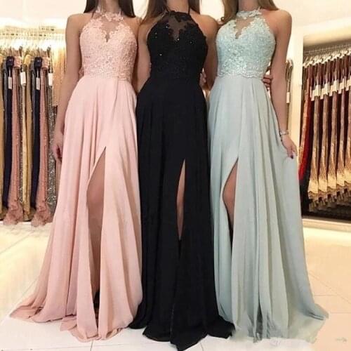 ANGELSBRIDEP High-Neck Bridesmaid Dresses Long Chiffon Sexy Side Split Floor-Length Formal Evening Wedding Party Gowns