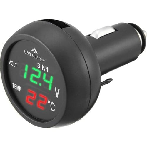 1pc 3 In 1 DC 12V 24V LED Digital Display Car Voltmeter Thermometer Meter Monitor Voltage USB Changer Cigarette Lighter