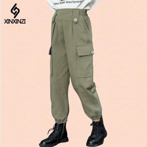 Pants for Kids Girls Cargo Pants Pure Color Trousers Pocket Loose Sport Pants High Waist Elastic Children Casual Running Pants