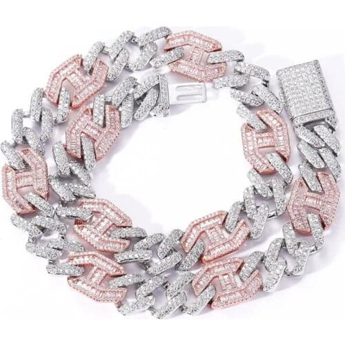 15mm Baguette Zircon Iced Out Cuban Link Chain For Men Women Hip Hop 5A CZ Prong Setting Rose Gold Necklaces