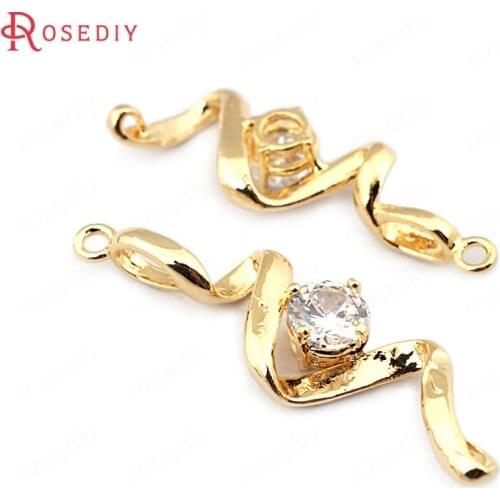 F431)6 pieces 32*11mm 24K Gold Color Brass + Zircon 2 Holes Snake Charms Pendants High Quality Diy Jewelry Findings Accessories