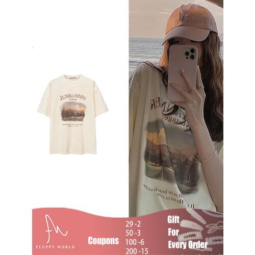 2021 Summer Fashion Tees 100% Cotton Multicolor Painting Printing T Shirt Women Tops Base O-neck Black Tees Female T-shirts