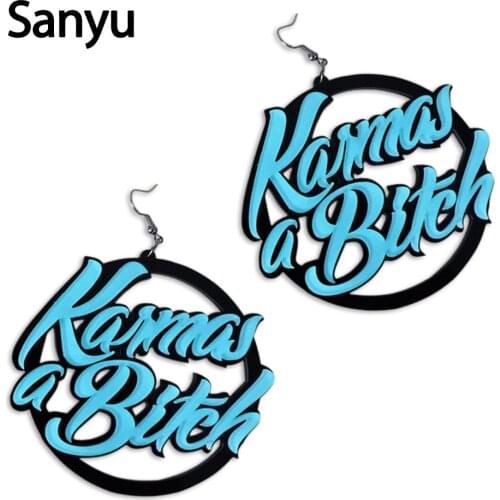 Hot Fashion Big Bitch Letter Blue Acrylic Drop Earrings Exaggerated Big Circle Hollow Out Dangle Earrings Night Club Jewelry