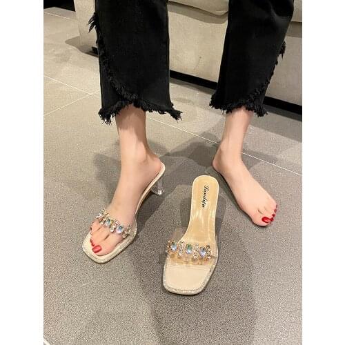 Fashion Outer Wear Ladies Slippers Summer New Style Temperament Square Toe Exquisite Rhinestone High Heels