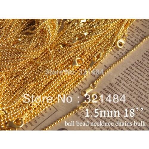Wholesale 100piece/lot 18'' gold plated 1.5mm ball chain necklace with lobster clasp chains bulk for jewelry making