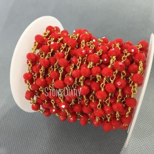 4x6mm Gold Electroplated Faceted Rondelle Beads Cardinal Red Glass Crystal Rosary Chain RC5029