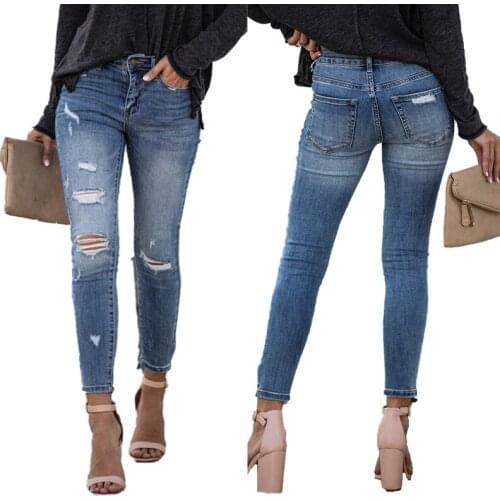 Ripped hole denim jeans womens blue skinny pencil pants femme causal slim fit calca jeans 2020 fashion womens clothes pantalones