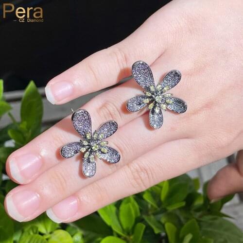 Pera Pretty Big Flower Shape Charm Yellow Purple Cubic Zirconia Gun Black Gold Dinner Party Jewelry Stud Earring for Ladies E816