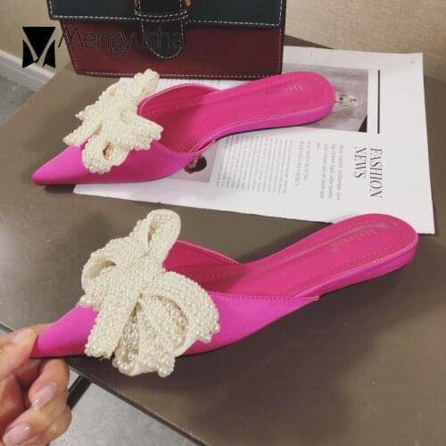 Upscale big pearl bow slippers women pointed toe silk sandals beading bowtie mules shoes woman outdoor slides flip flops c647