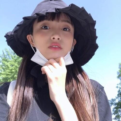 2021 Women Sweet Ruffles Wide Brim Bucket Hats Satin Long Ribbon Japanese Lolita Bowknot Beach Summer Sunscreen Fisherman Cap