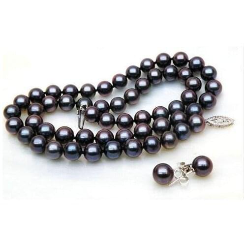 Unique Pearl Jewelry Set 7-8mm Black Blue Color Real Freshwater Pearl Necklace Earrings Fine Jewelry Handmade Classic Women Gift