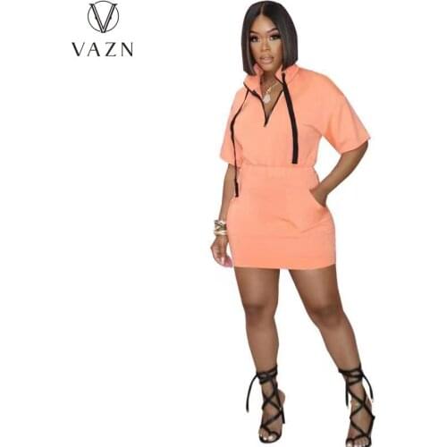 VAZN Age reduction Sweet Bandage Shinny Summer Boho V-Neck Short Sleeve Party Beach Solid Short Dress Casual Sundress