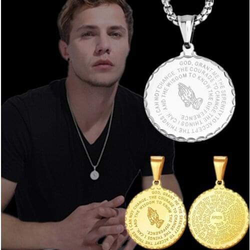Vintage Fashion Christian Religion Round Prayer Hand English Alphabet Titanium Steel Pendant Necklace Unisex Woman Man