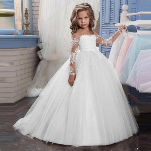 High Quality Kids Party Evening Gowns Full Sleeves Lace Ball Gown Flower Girl Dresses For Weddings First Communion Dresses