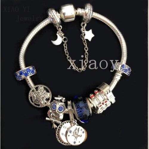 XIAOYI 2020 New 100% S925 School of Witchcraft and Wizardry Graduation season Owl train blue glass star and moon bracelet female