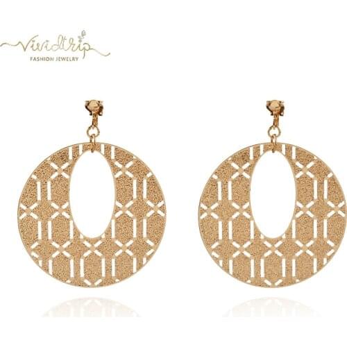 Exaggerated Classic Pattern Hollow Big Round Stamping Clip On Earrings For Women Party Without Piercing Bijouterie Bohemian
