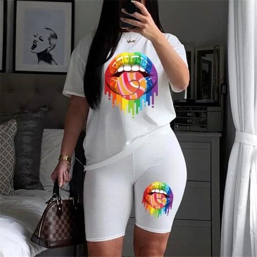 Cute Sexy Lips Two Pieces Set Women Rainbow Lip Printing T-shirt and High-waist Short Set Vintage 2 Piece Outfits Matching Sets