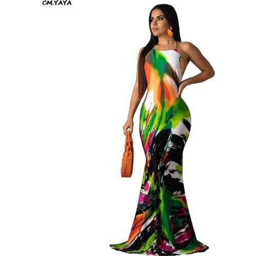 2019 Women new summer print sexy hatler neck open back mermaid long dress beach party club night long dresses vestidos GLDM8074