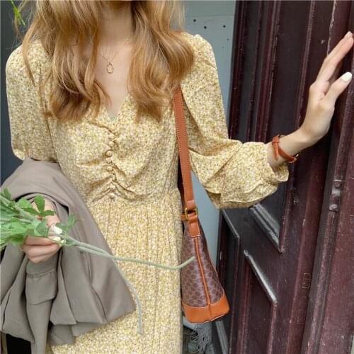 Yellow Floral Chiffon Long Shirt Dress Women Spring Elegant High Waist V Neck Full Sleeve Pullover Midi Dresses