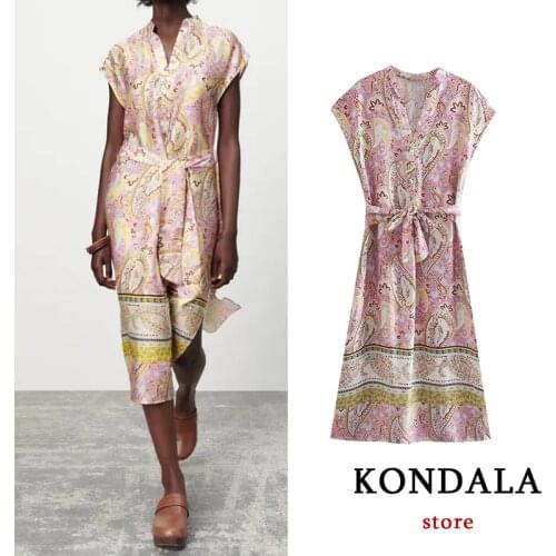KONDALA Women Za 2021 Chic Floral Vintage Long Shirt Dress Sleeveless Summer Sashes V Neck Boho Dress Elegant Tank Vestidos