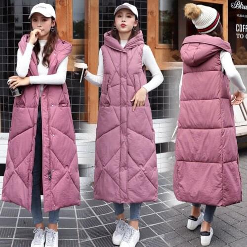 Winter Womens Vest Jacket Lengthened Thick Keep Warm Down Hooded Coat Student Solid Color Loose Casual Outerwear Clothing