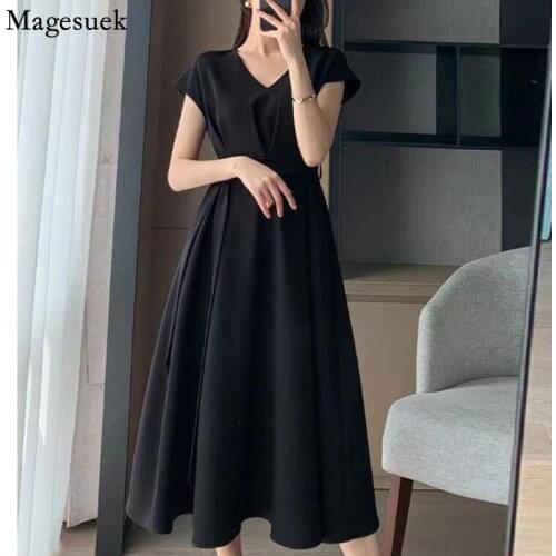 2021 Summer Black Women Dress Plus Size A-Line Short Sleeve Party Dress Female Loose High Waist Casual Maxi Dresses Robes 15232