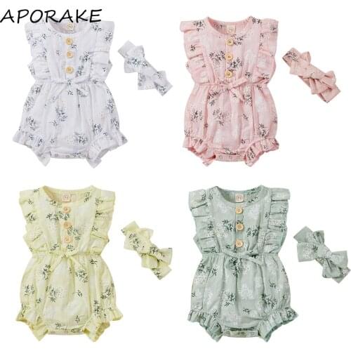 2021 0-24M Cute Toddler Baby Girl Romper Summer New Floral Print Ruffle Sleeveless Button Bow Tunic Playsuit+Headband 2pcs