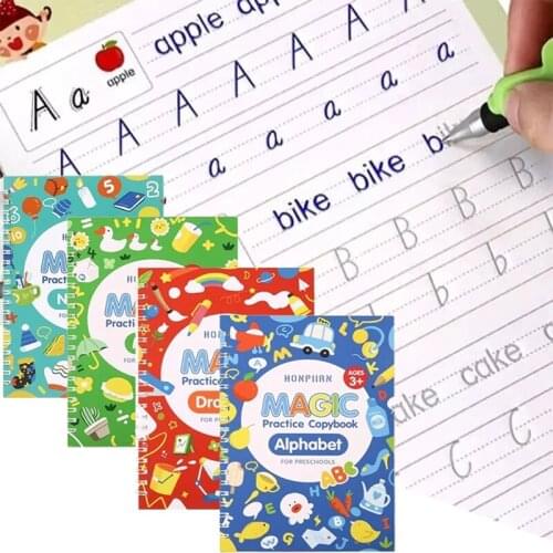 4 Books/Sets of Childrens School Copybook 3D Calligraphy Reusable Handwriting Practice Learn Writing English Magic Stationery