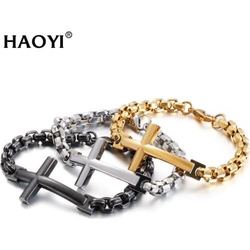 8mm Stainless Steel Box Chain Bracelet Cross 3 Color Black Bracelets Handmade Men Prayer Fitness Chain Couple Jewelry Gift