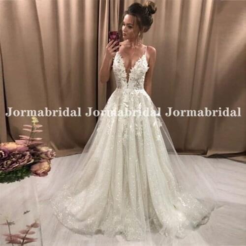 2021 New Collection Boho Wedding Dresses Sexy Spaghetti Straps Glitter Sparkle Bride Gowns With Lace Appliques Backless Vestidos